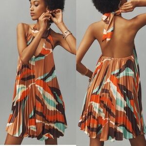 Anthropologie Hutch Halter Pleated Swing Mini Dress Orange Blue Brown White M